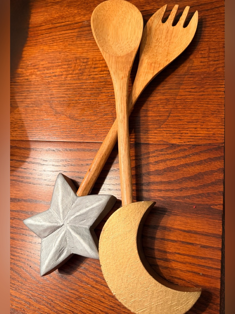 Wooden Spoon & fork with Star & Moon Accents - Natural Wood,
